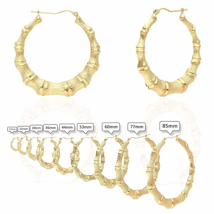 10K Yellow Gold Bamboo Hoop Earrings 17-85mm