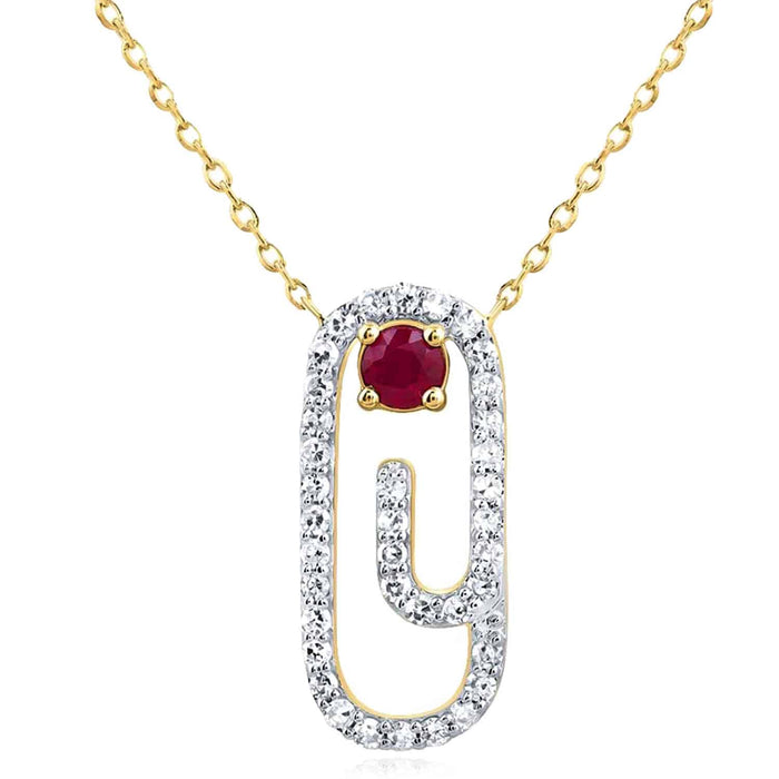10K Yellow Gold Natural Diamond and Red Ruby Paperclip Necklace (Solid Links) 18" - WJD Exclusives