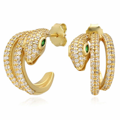 18K Gold Over Sterling Silver CZ and Green Emerald Eyes Snake Hoop Earrings
