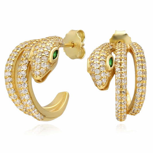 18K Gold Over Sterling Silver CZ and Green Emerald Eyes Snake Hoop Earrings