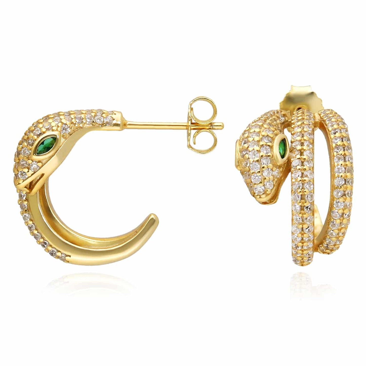 18K Gold Over Sterling Silver CZ and Green Emerald Eyes Snake Hoop Earrings