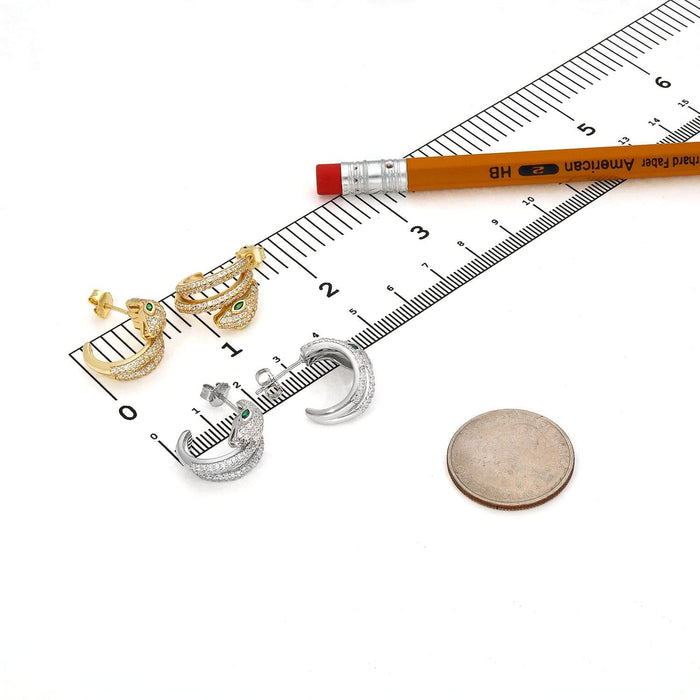 18K Gold Over Sterling Silver CZ and Green Emerald Eyes Snake Hoop Earrings - WJD Exclusives