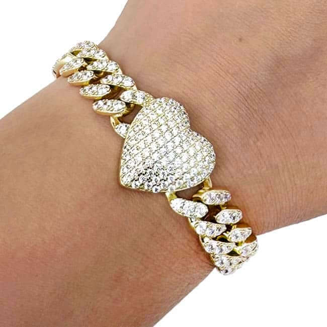 18K Yellow Gold Over Sterling Silver Heart CZ Miami Cuban Bracelet (Solid Links) 7" - 8" - WJD Exclusives