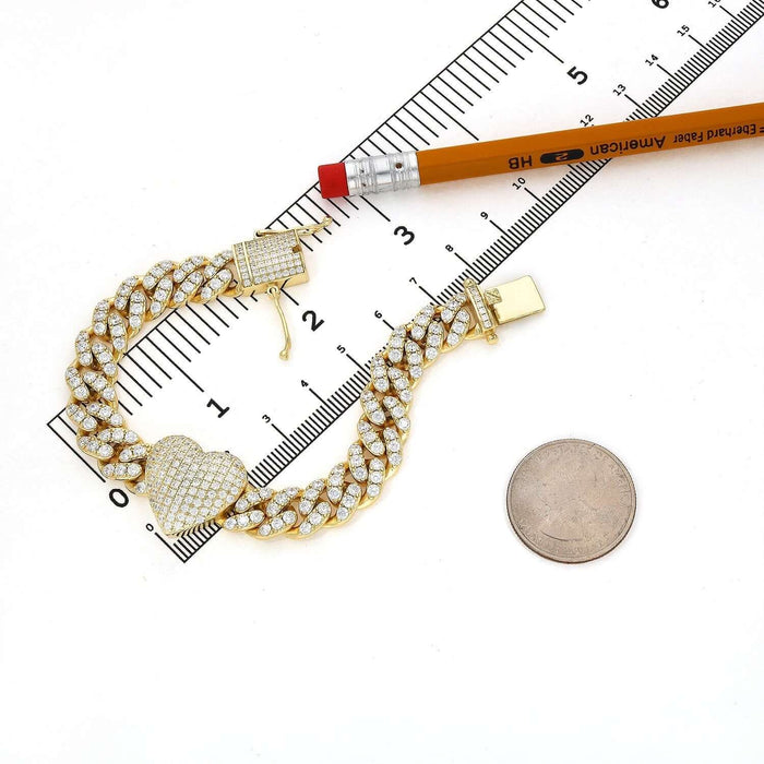 18K Yellow Gold Over Sterling Silver Heart CZ Miami Cuban Bracelet (Solid Links) 7" - 8" - WJD Exclusives