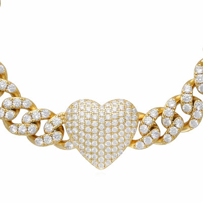 18K Yellow Gold Over Sterling Silver Heart CZ Miami Cuban Bracelet (Solid Links) 7" - 8" - WJD Exclusives