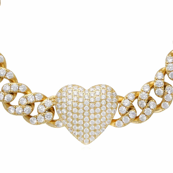18K Yellow Gold Over Sterling Silver Heart CZ Miami Cuban Bracelet (Solid Links) 7" - 8" - WJD Exclusives