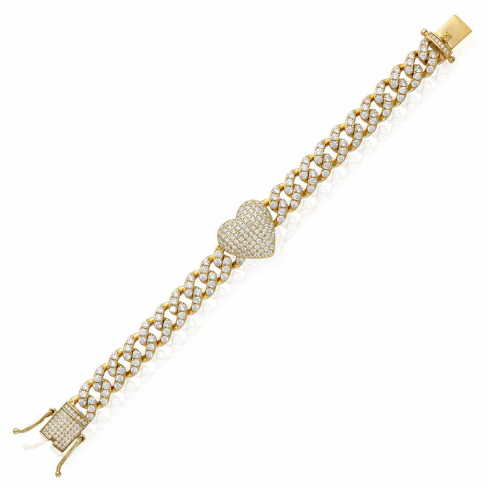 18K Yellow Gold Over Sterling Silver Heart CZ Miami Cuban Bracelet (Solid Links) 7" - 8" - WJD Exclusives