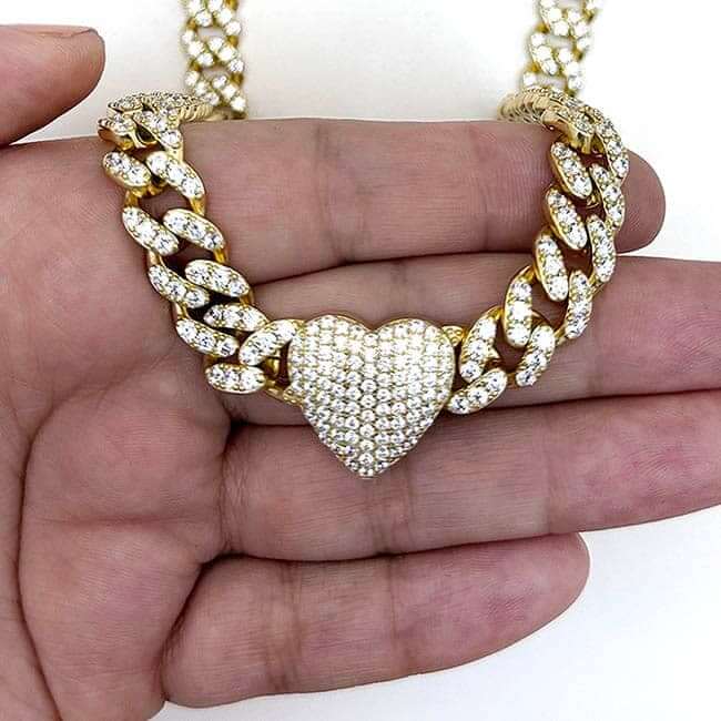 18K Yellow Gold Over Sterling Silver Heart CZ Miami Cuban Necklace (Solid Links) 16" - 20" - WJD Exclusives
