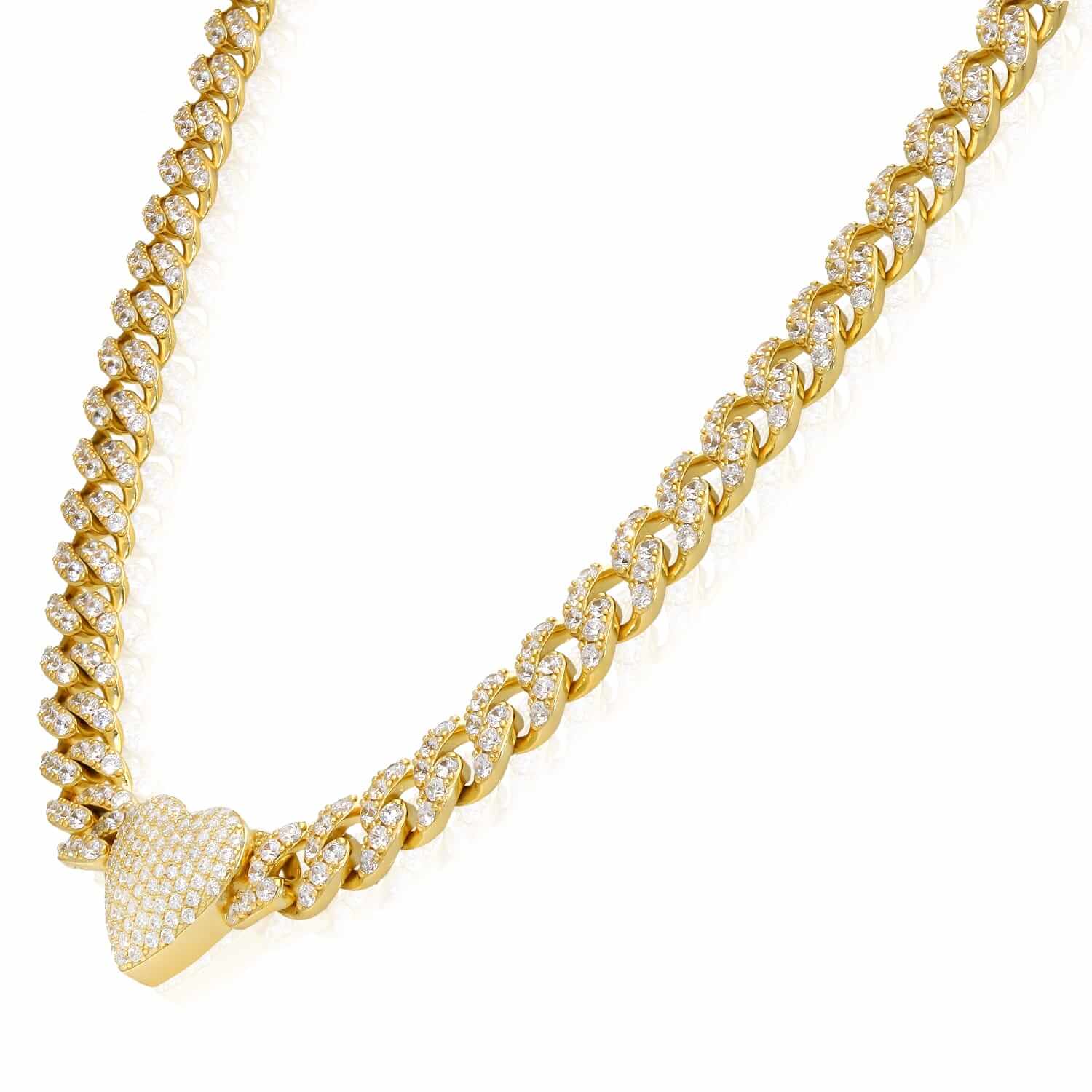18K Yellow Gold Over Sterling Silver Heart CZ Miami Cuban Necklace