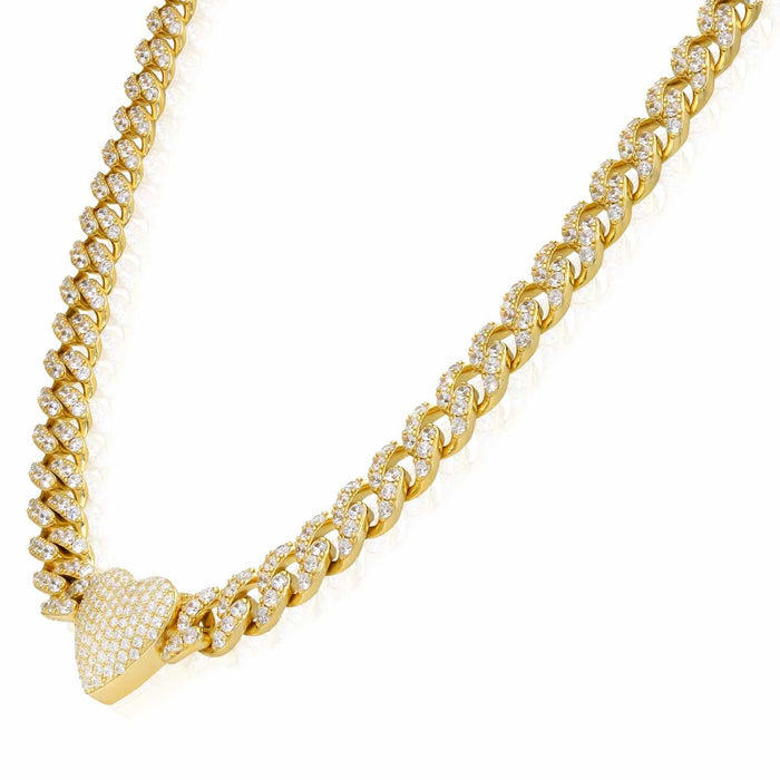 18K Yellow Gold Over Sterling Silver Heart CZ Miami Cuban Necklace (Solid Links) 16" - 20" - WJD Exclusives