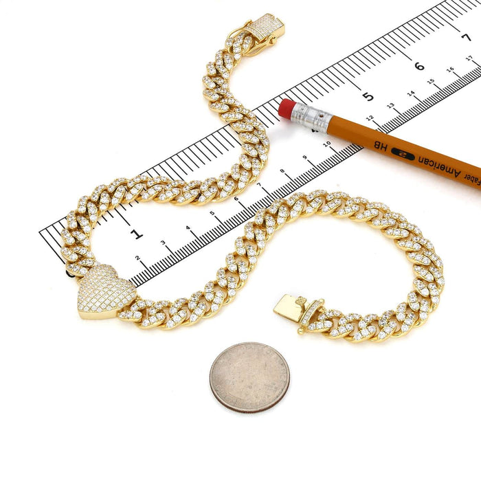 18K Yellow Gold Over Sterling Silver Heart CZ Miami Cuban Necklace (Solid Links) 16" - 20" - WJD Exclusives