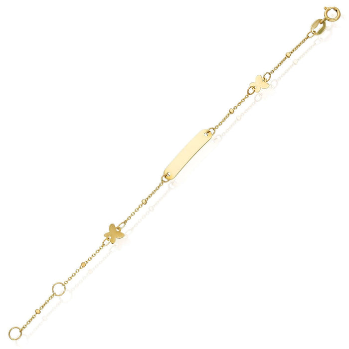 Kids 14K Yellow Gold Engravable ID Bar Butterfly Bracelet (Solid Links) 4.75" - 5.5" Adjustable - WJD Exclusives