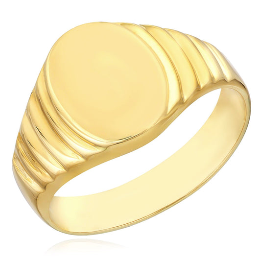 Engravable 14K Real Gold Personalized Oval Textured Grooved Signet Ring