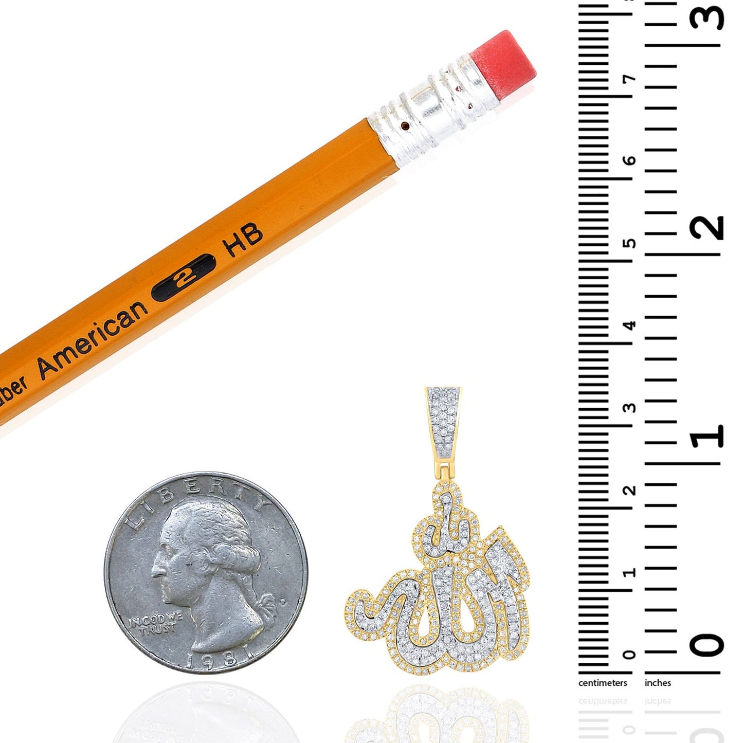 0.75CTW Real Diamond 10K Real Gold Pave Islam Allah Pendant 1.3"