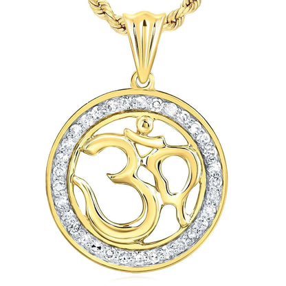 0.20CTW Real Diamond 10K Real Gold OM Round Medallion Pendant 0.88"