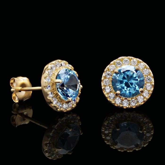 1.30Ct CZ Aquamarine 14K Yellow Gold Round Halo Stud Earrings