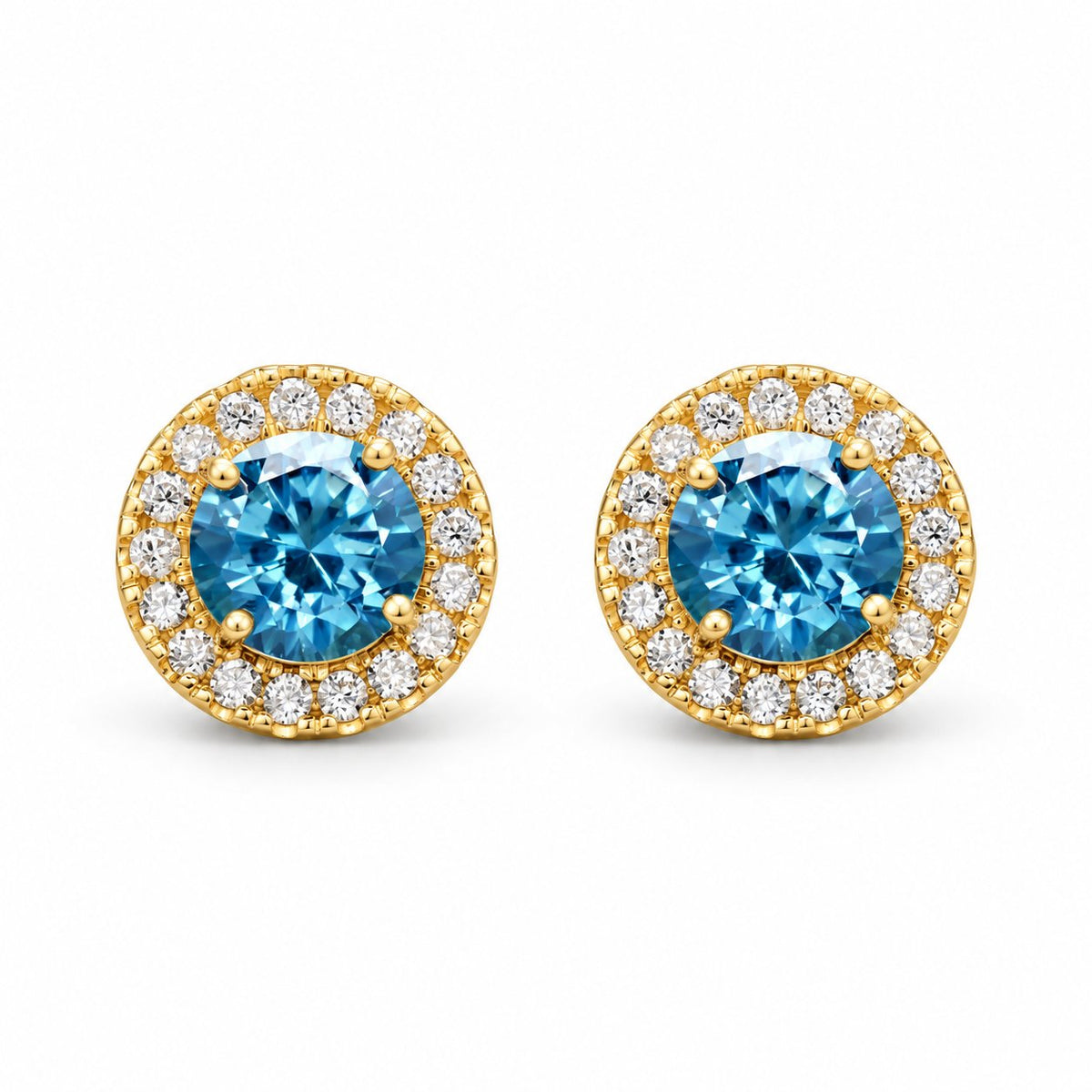 1.30Ct CZ Aquamarine 14K Yellow Gold Round Halo Stud Earrings