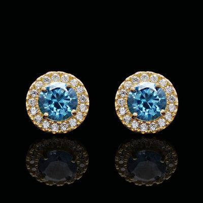 1.30Ct CZ Aquamarine 14K Yellow Gold Round Halo Stud Earrings