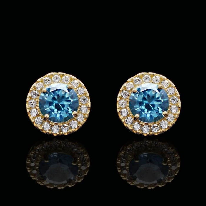 1.30Ct CZ Aquamarine 14K Yellow Gold Round Halo Stud Earrings