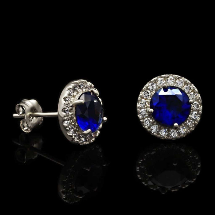 14K White Gold 1.30Ct Blue Sapphire Round CZ Halo Stud Earrings