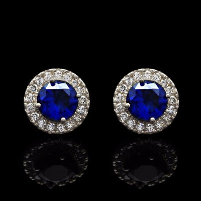 14K White Gold 1.30Ct Blue Sapphire Round CZ Halo Stud Earrings