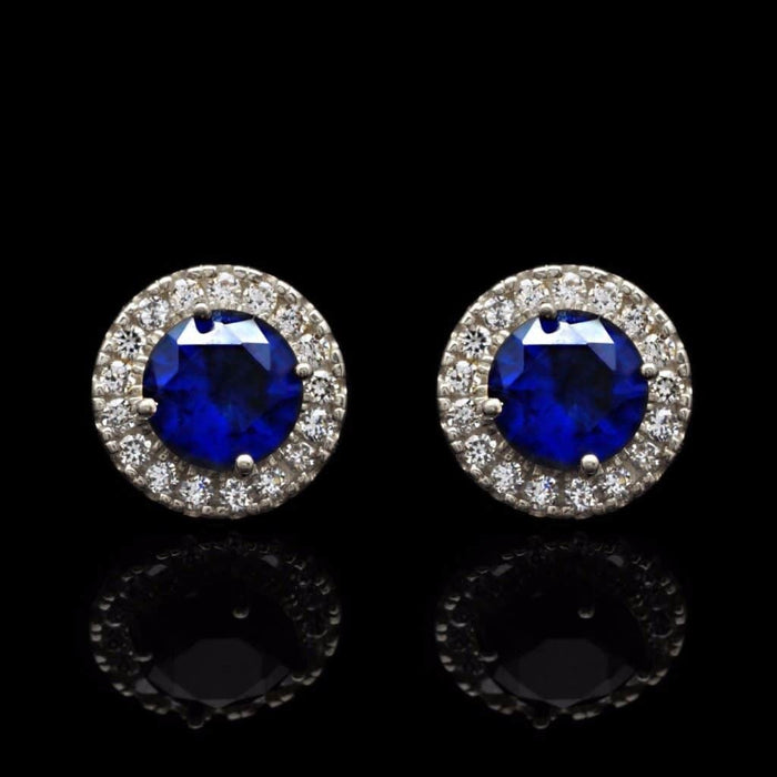 14K White Gold 1.30Ct Blue Sapphire Round CZ Halo Stud Earrings