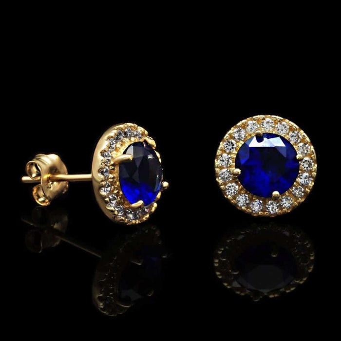 1.30Ct CZ 14K Yellow Gold Blue Sapphire Round Halo Stud Earrings