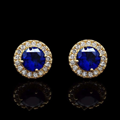 1.30Ct CZ 14K Yellow Gold Blue Sapphire Round Halo Stud Earrings
