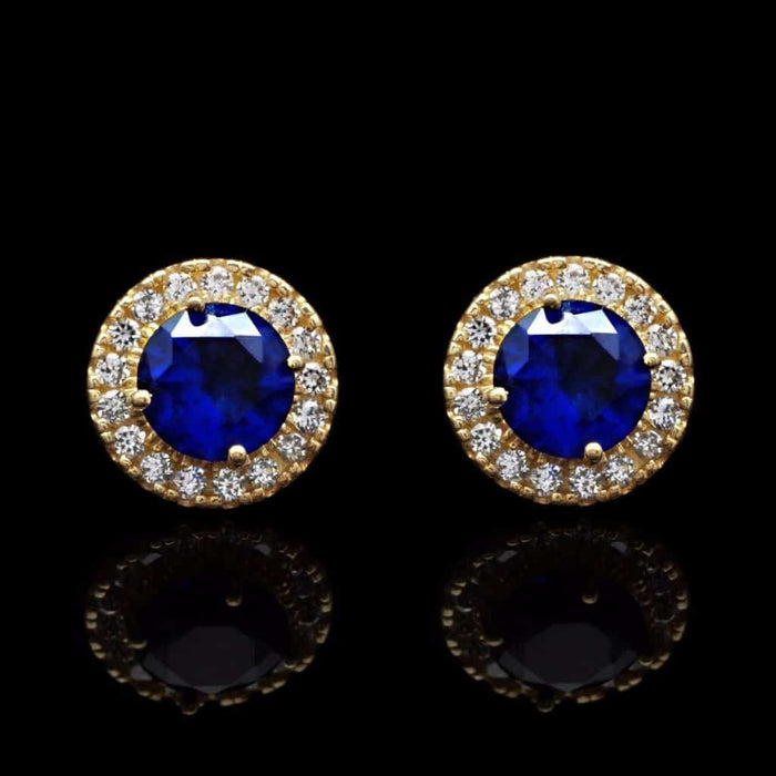1.30Ct CZ 14K Yellow Gold Blue Sapphire Round Halo Stud Earrings