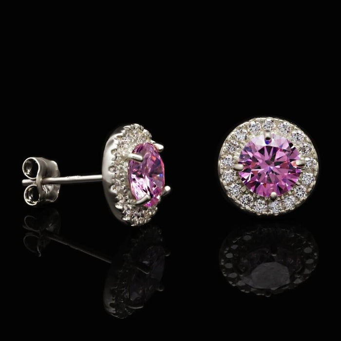 1.30CTW CZ Pink Tourmaline 14K White Gold Halo Stud Earrings 9mm