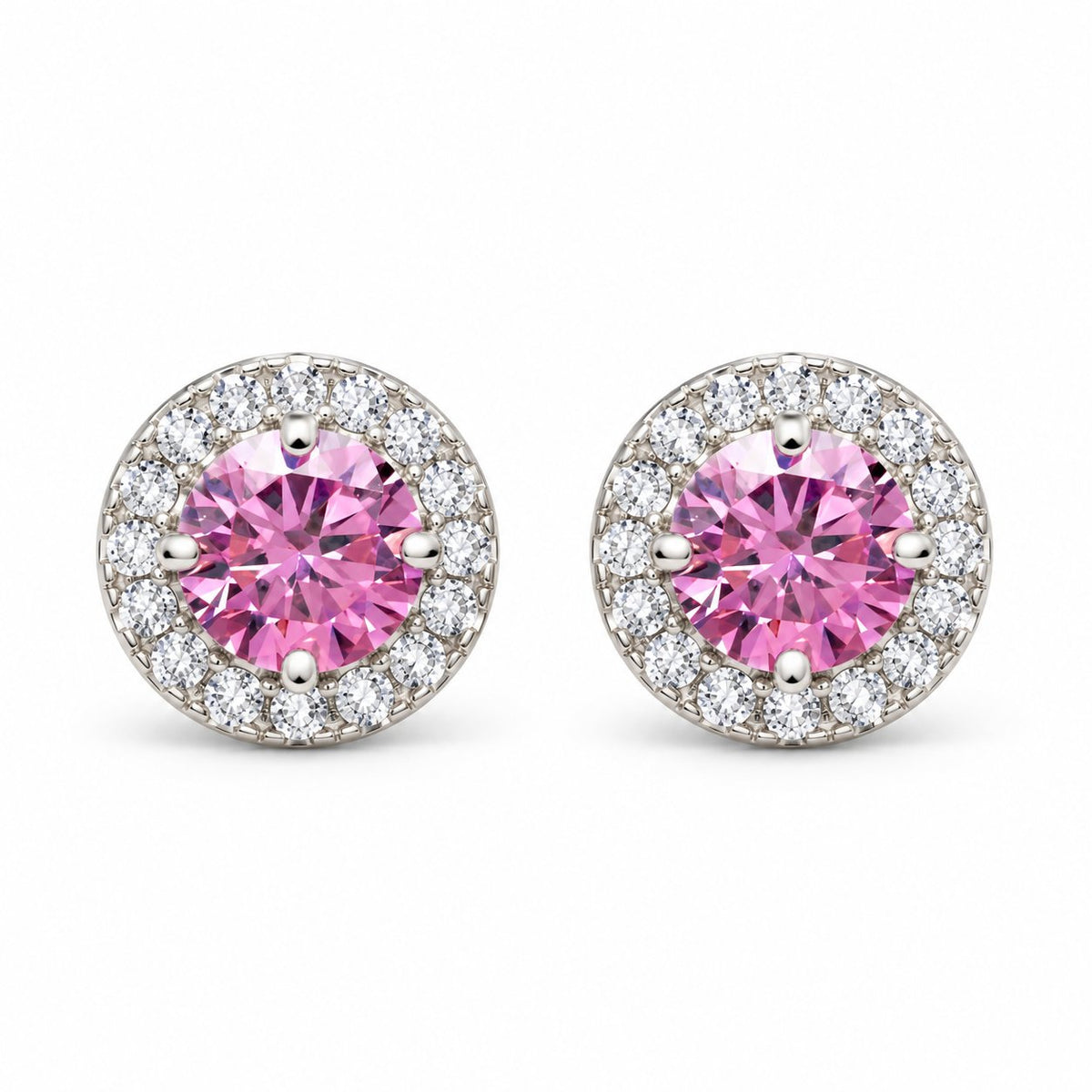 1.30CTW CZ Pink Tourmaline 14K White Gold Halo Stud Earrings 9mm