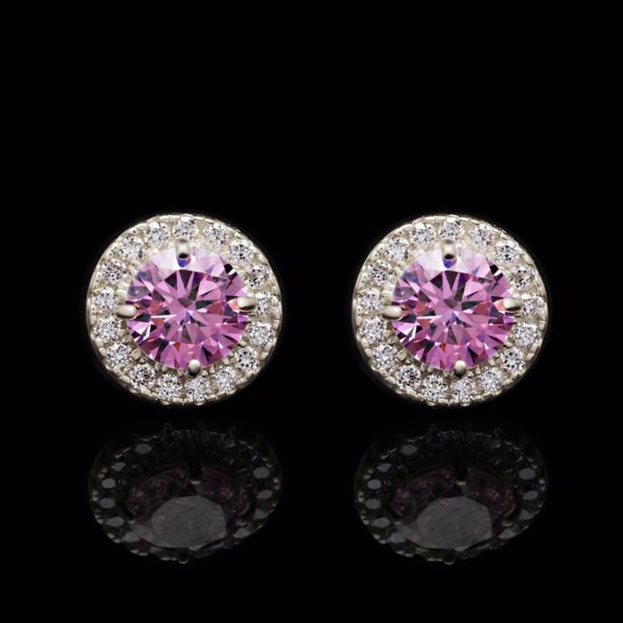 1.30CTW CZ Pink Tourmaline 14K White Gold Halo Stud Earrings 9mm
