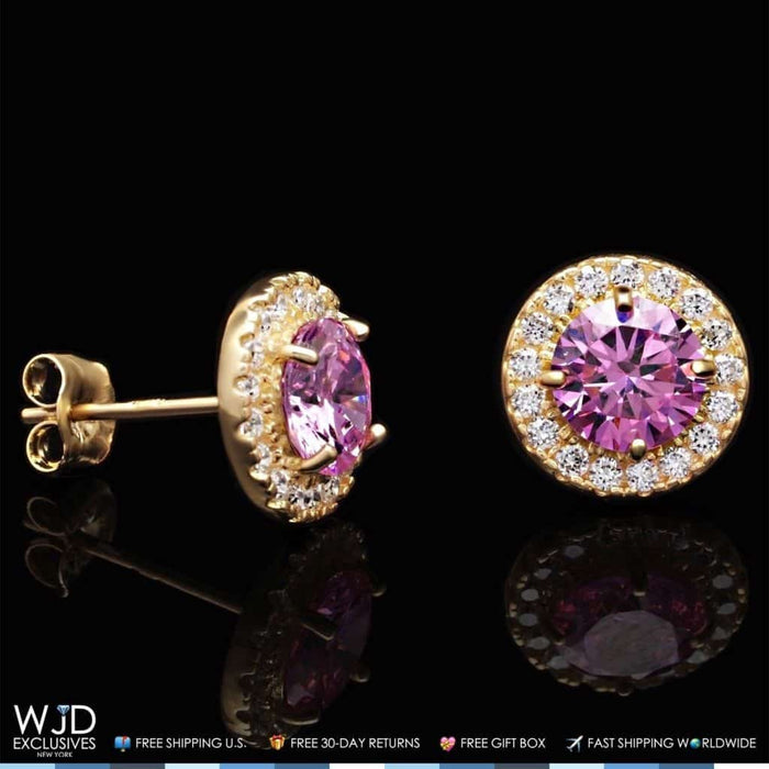 1.30CTW CZ Pink Round 14K Yellow Gold Halo Stud Earrings