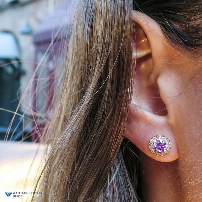 1.30CTW CZ Pink Round 14K Yellow Gold Halo Stud Earrings