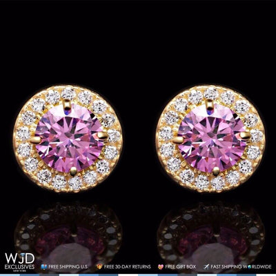 1.30CTW CZ Pink Round 14K Yellow Gold Halo Stud Earrings