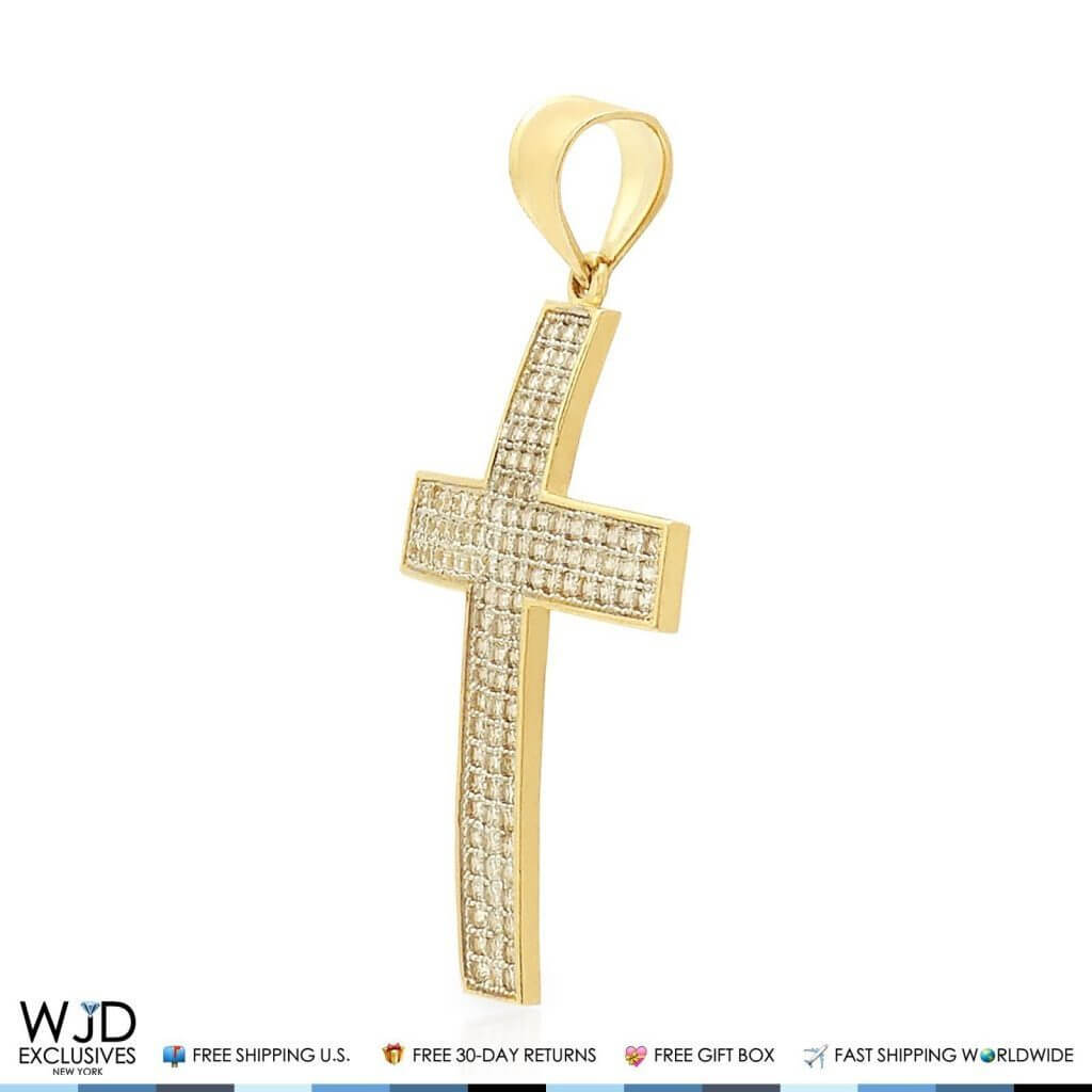 14k Yellow Gold 1.30Ct CZ Pave Cross Religious Pendant