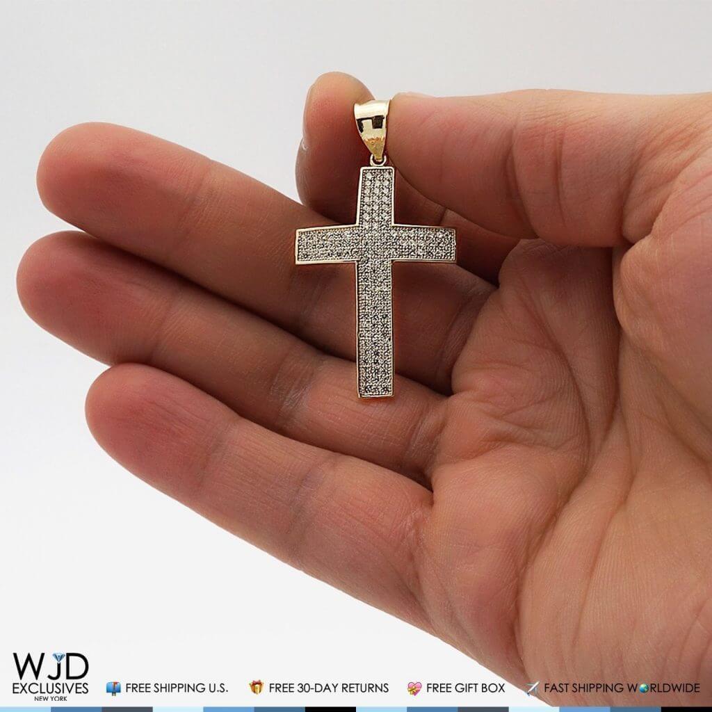 14k Yellow Gold 1.30Ct CZ Pave Cross Religious Pendant