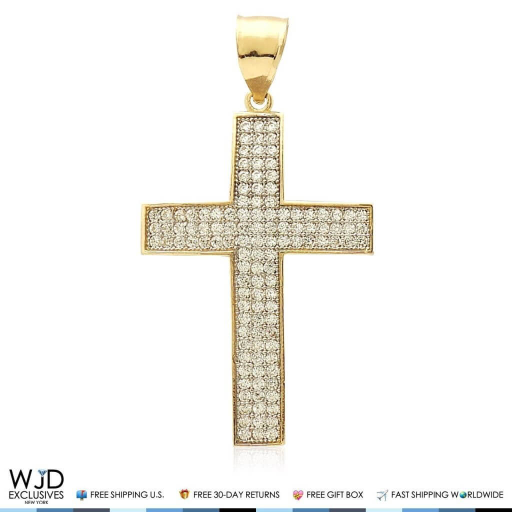 14k Yellow Gold 1.30Ct CZ Pave Cross Religious Charm Pendant