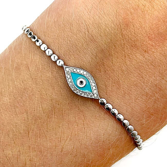 0.27CTW Real Diamond 14K Real Gold White Bead Links Evil Eye Bracelet 7"