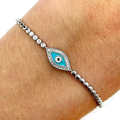 0.27CTW Real Diamond 14K Real Gold White Bead Links Evil Eye Bracelet 7"