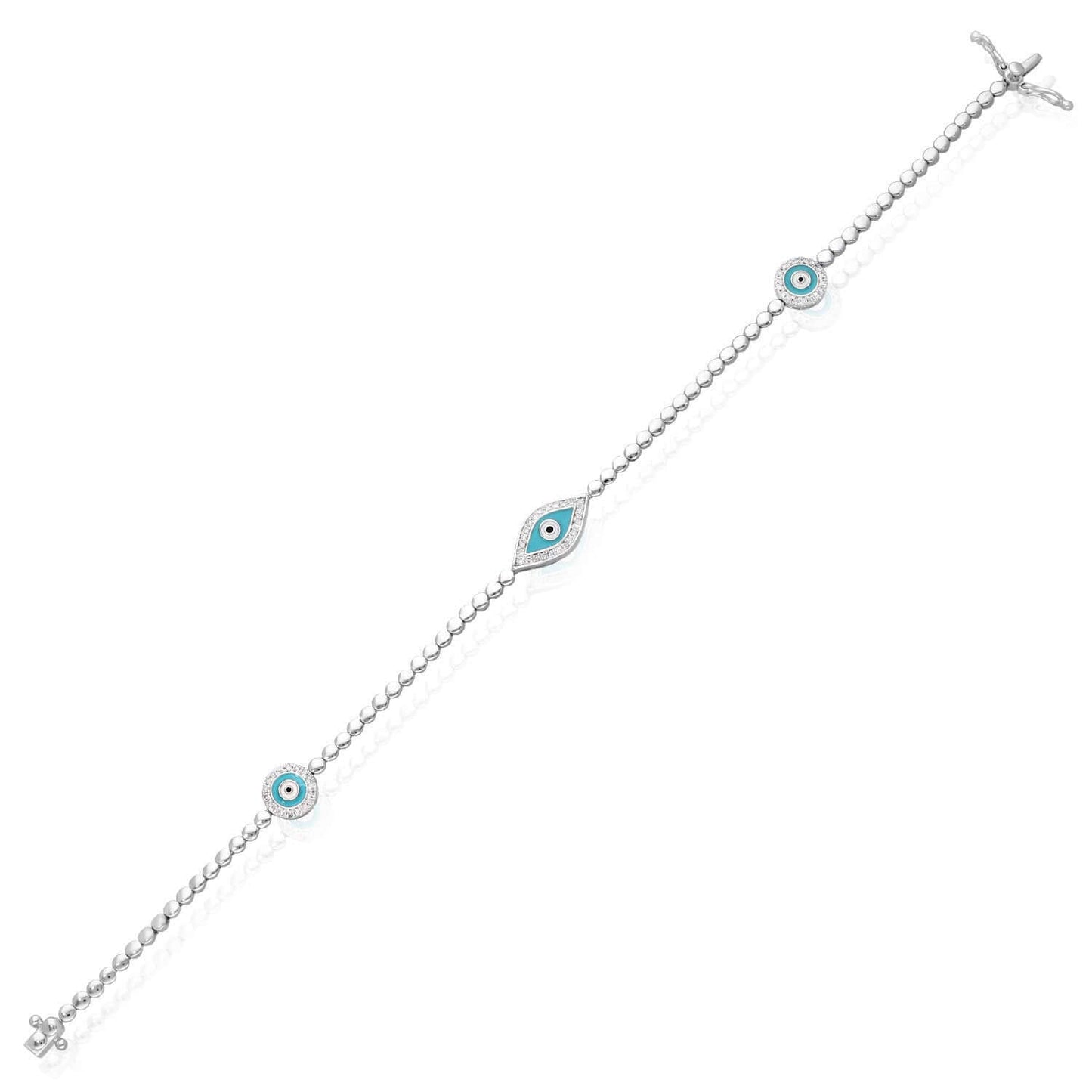 0.27CTW Real Diamond 14K Real Gold White Bead Links Evil Eye Bracelet 7"