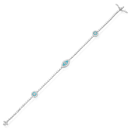 0.27CTW Real Diamond 14K Real Gold White Bead Links Evil Eye Bracelet 7"