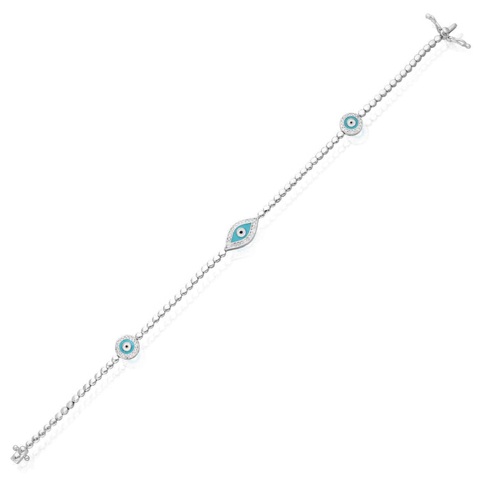 0.27CTW Natural Diamond 14K White Gold Bead Links Evil Eye Bracelet (Solid Links) 7" - WJD Exclusives