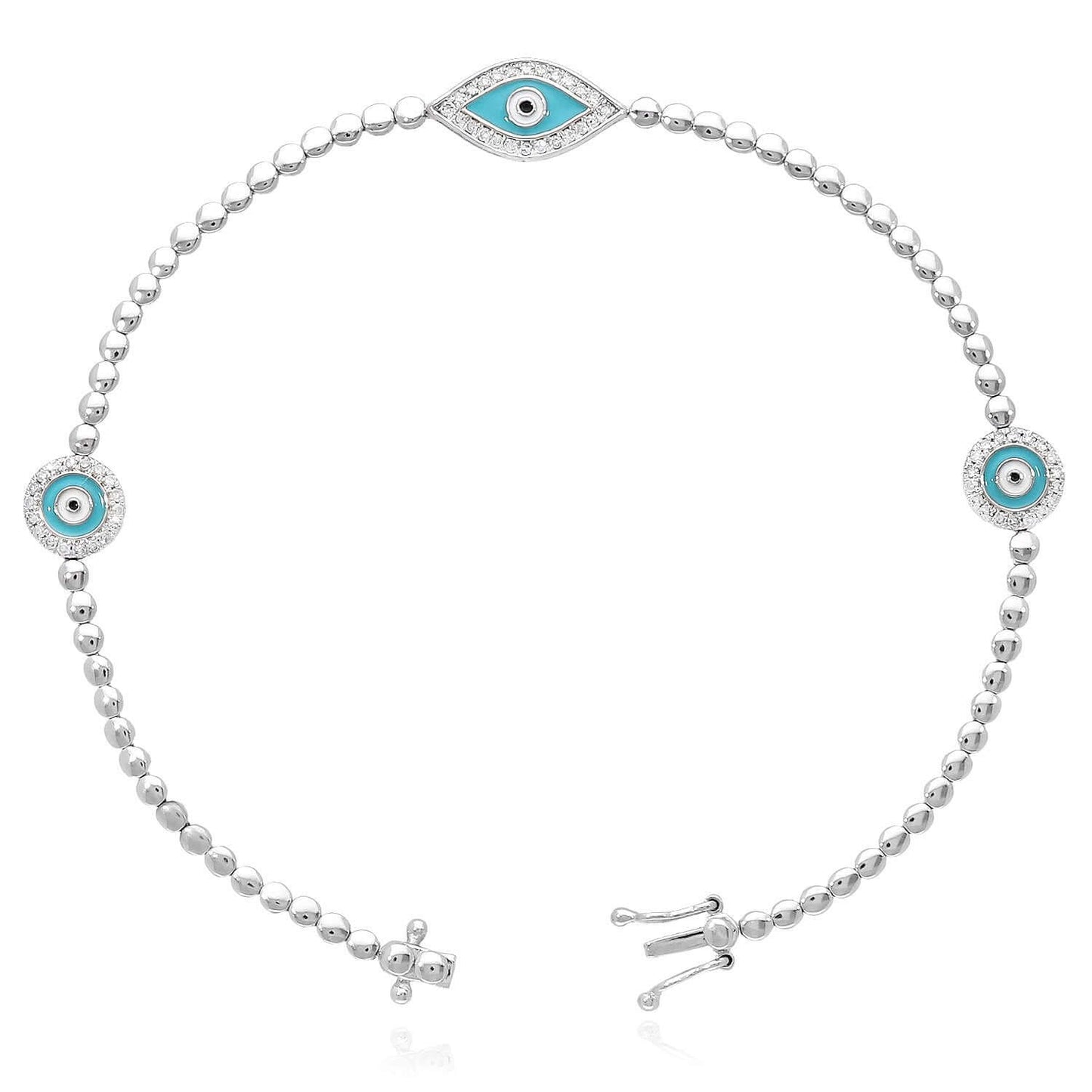 0.27CTW Real Diamond 14K Real Gold White Bead Links Evil Eye Bracelet 7"