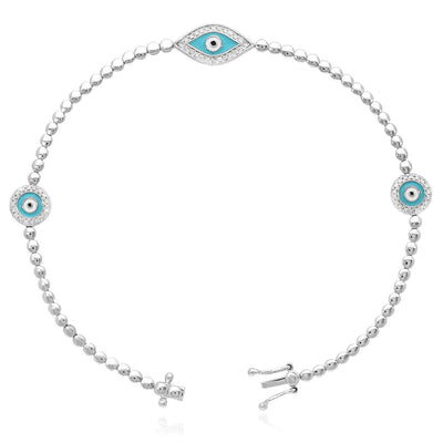 0.27CTW Natural Diamond 14K White Gold Bead Links Evil Eye Bracelet (Solid Links) 7" - WJD Exclusives