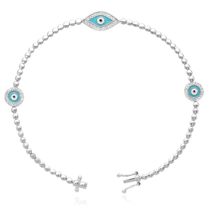 0.27CTW Real Diamond 14K Real Gold White Bead Links Evil Eye Bracelet 7"