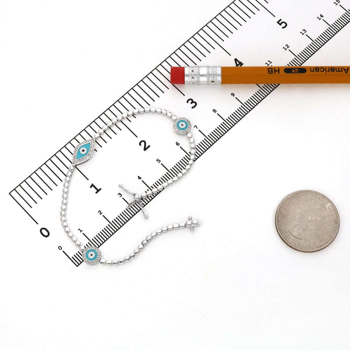 0.27CTW Natural Diamond 14K White Gold Bead Links Evil Eye Bracelet (Solid Links) 7" - WJD Exclusives