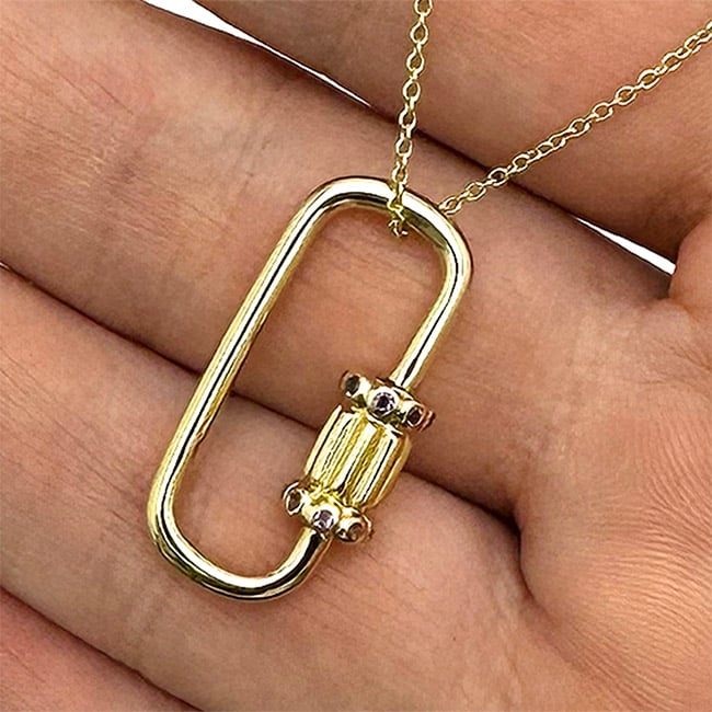 14K Real Gold Purple CZ Carabiner Pendant Necklace 16"