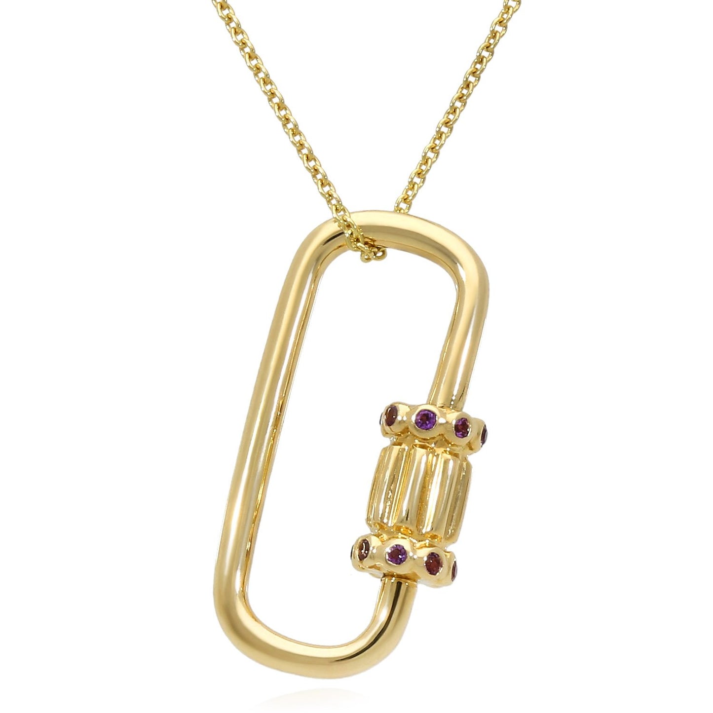 14K Real Gold Purple CZ Carabiner Pendant Necklace 16"