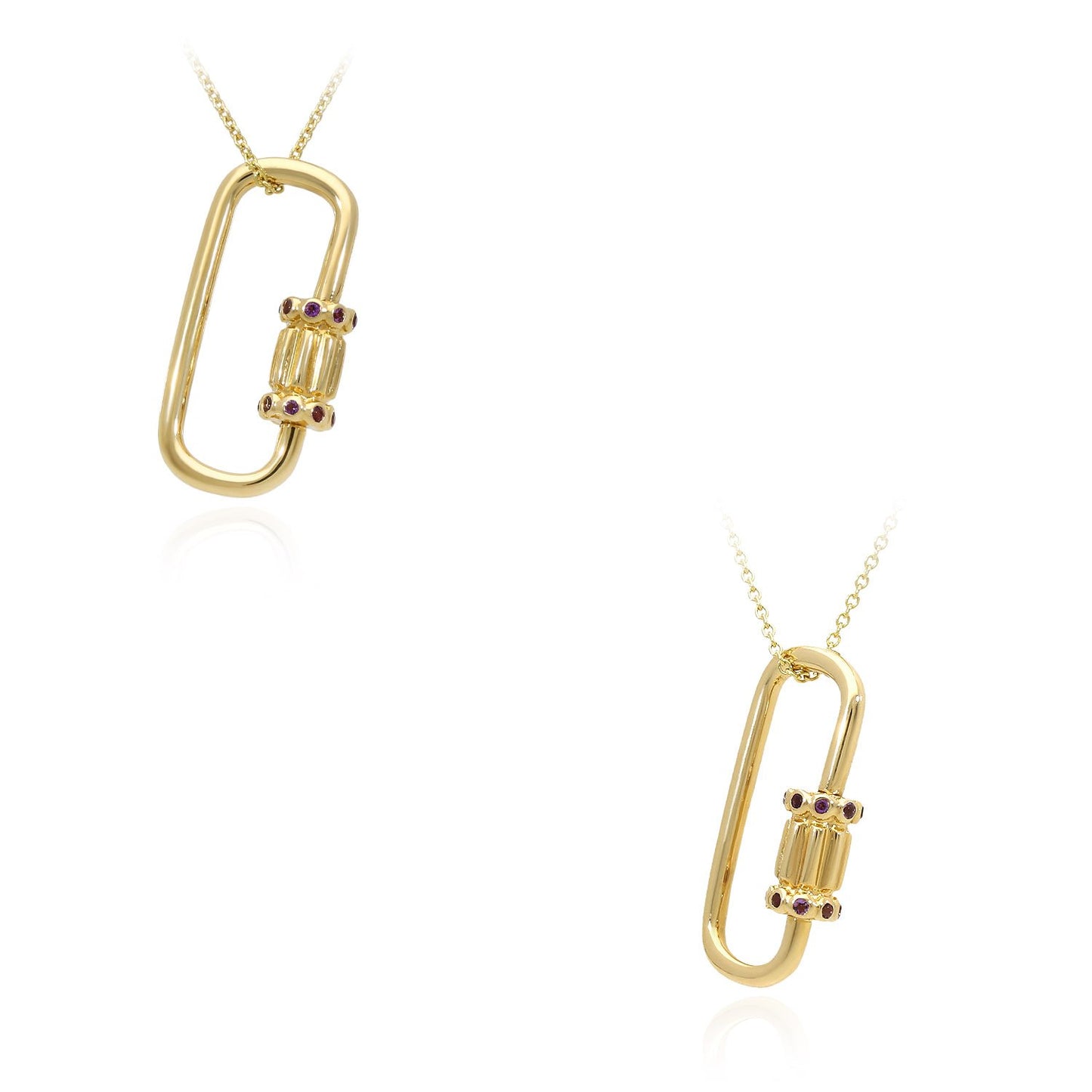 14K Real Gold Purple CZ Carabiner Pendant Necklace 16"